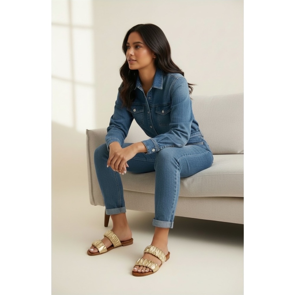 Qupid Gold Ruched Slip On Sandals | Metallic Scrunch Flat Slides - Picture 3 of 9